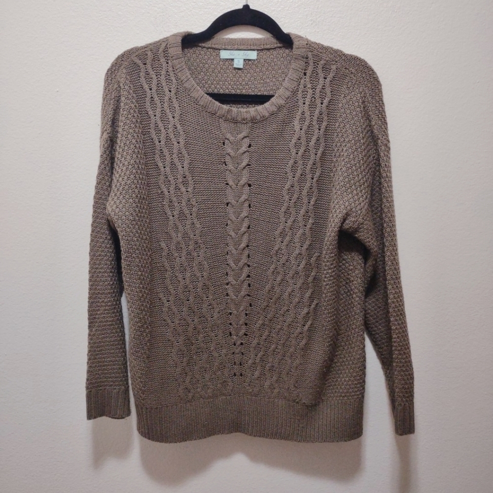 She + Sky Brown Crew Neck Cable Knit Sweater S